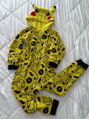 Yellow Pikachu Hooded Kids One-Piece Pajama